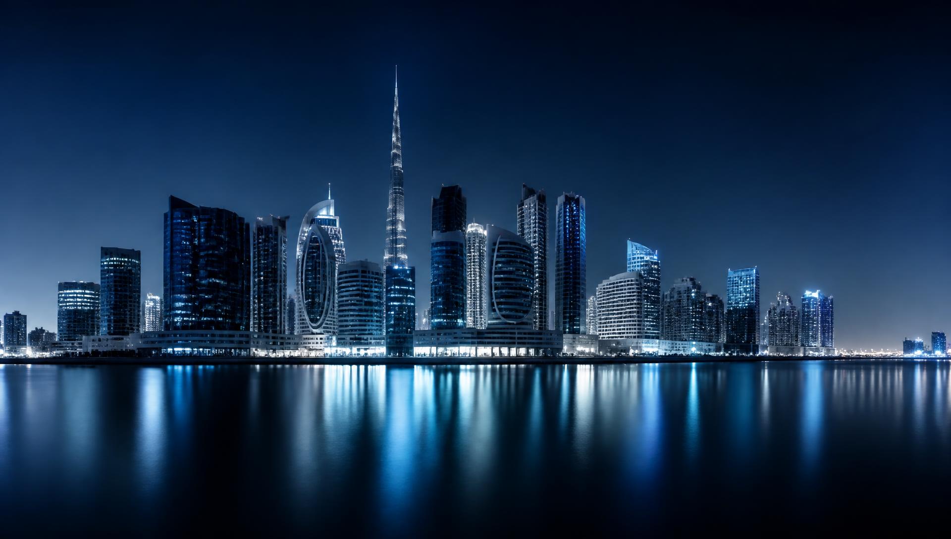 Dubai financial district skyline at blue hour